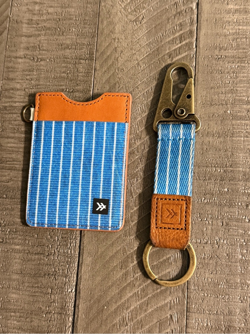 Blue Striped Card Holder & Key Fob Set with Tan Leather Trim